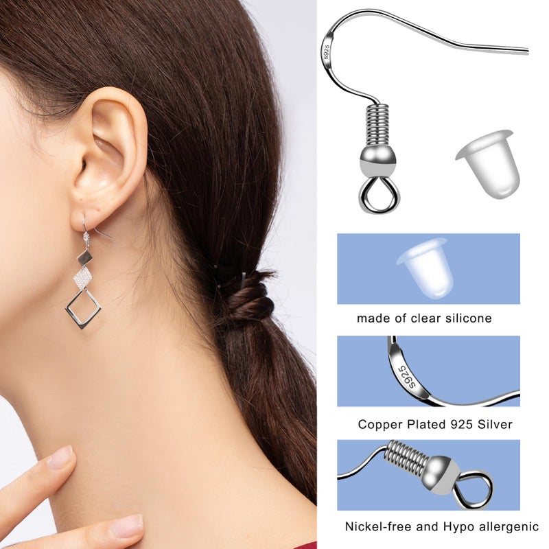 Gooday 100 PCS/50 Pairs 925 Sterling Silver Earring Hooks Fish Hook Ear Wires French Wire Hooks Hypo-allergenic Jewelry Findings Earring Parts DIY Making with 100 PCS Clear Rubber Earring Safety Backs - Image 3
